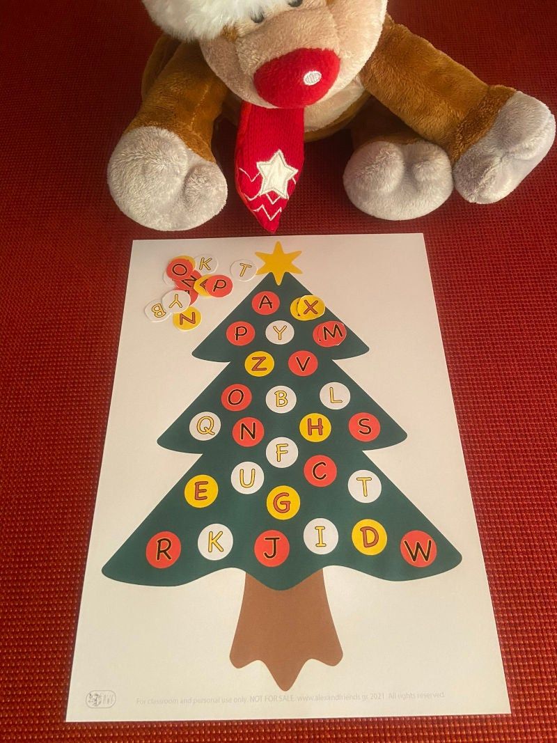 Free printable learning activity for kids for the holidays. Christmas and New Year's. English alphabet Christmas tree.