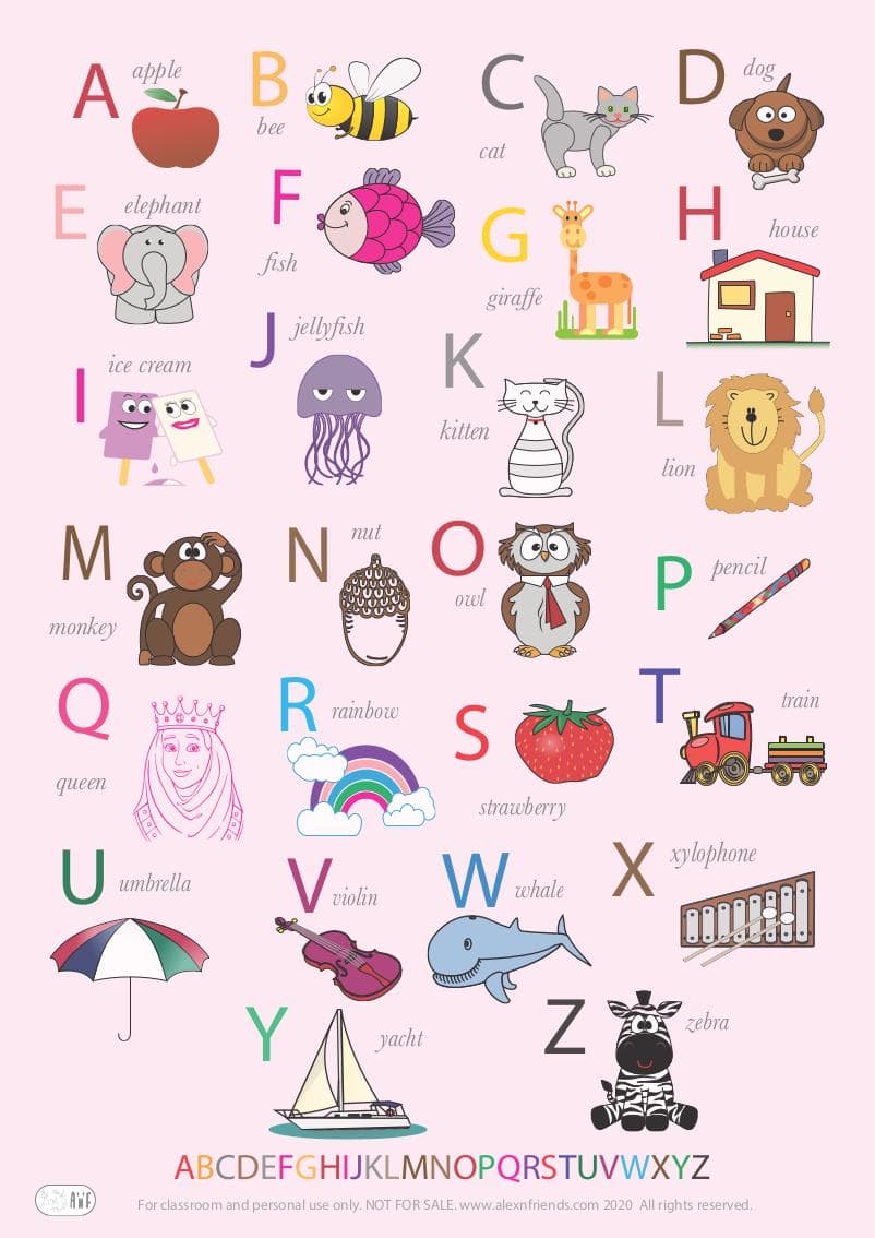 Learning english alphabet. Free printable pink poster for kids