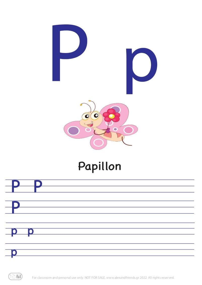 French alphabet. Free printable writing exercise for the letter P p and a butterfly.
