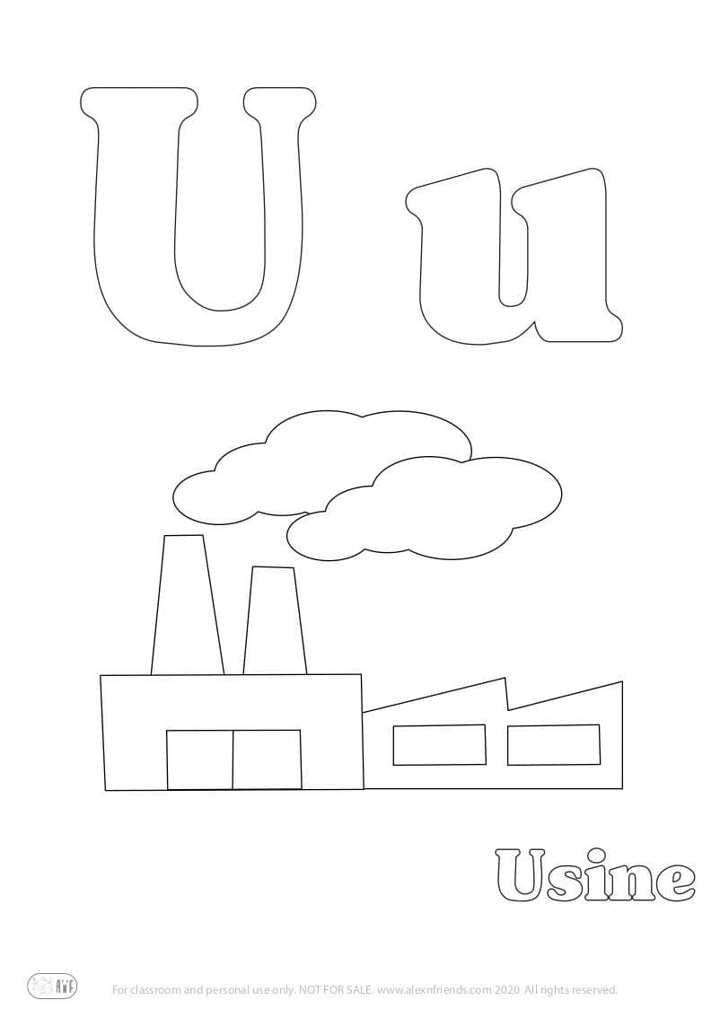 Learning french alphabet for kids. Free printable coloring page with letter U u and a factory