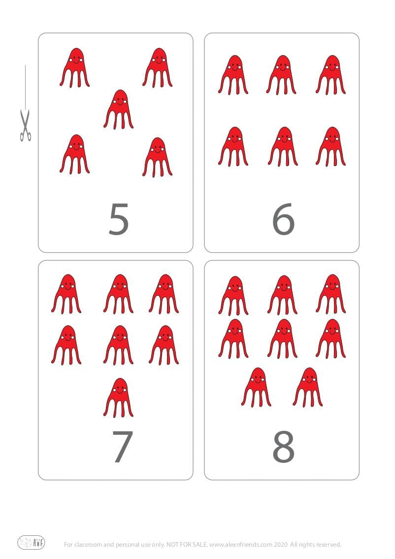 Cute free printable flash cards with octopuses for kids. Learning numbers 5, 6, 7, 8