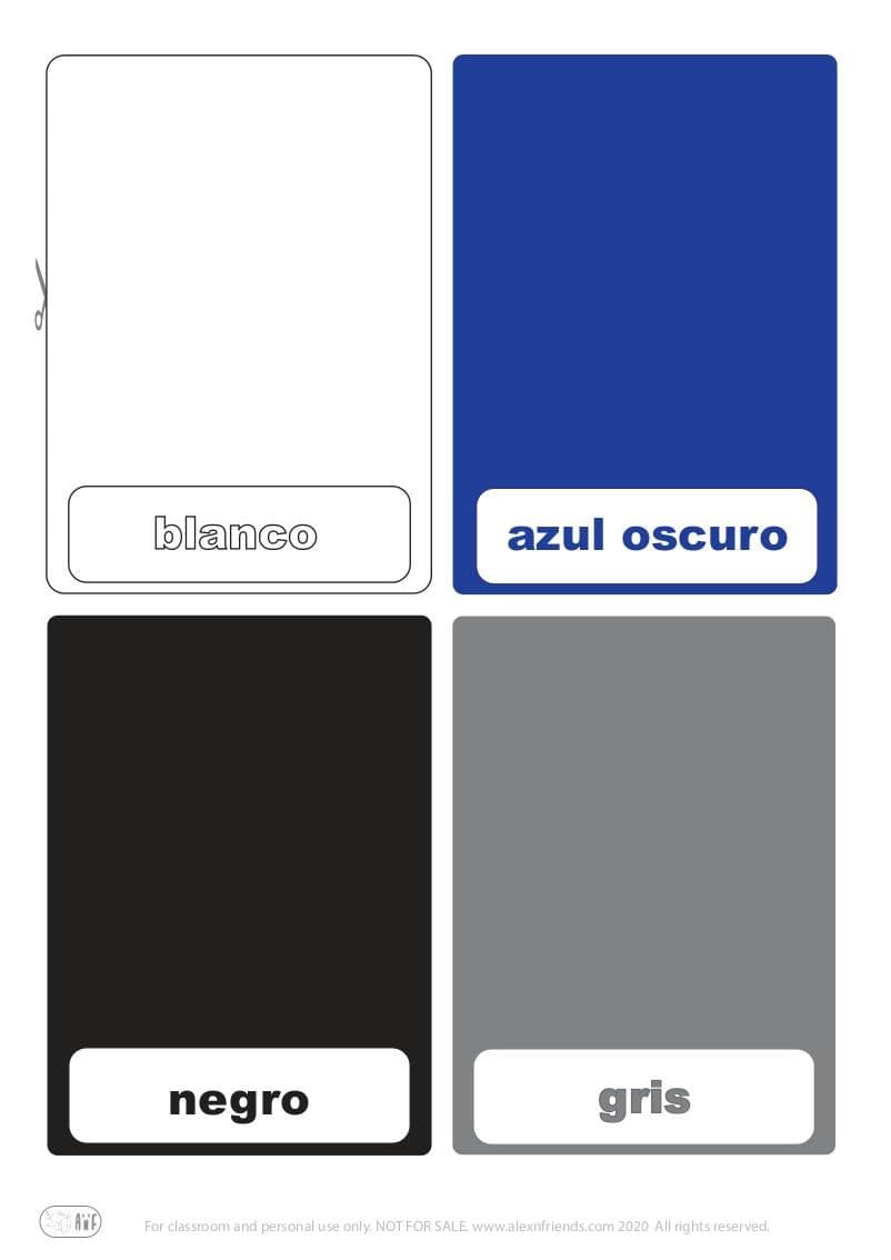 Free printable flash cards for kids. Learning colors in Spanish white, blue, black, grey