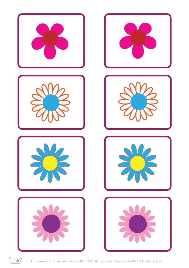 Educational play for toddlers. Memory based matching game of cards with flowers.