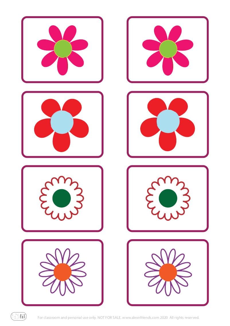 Educational play for toddlers. Memory based matching game of cards with flowers.