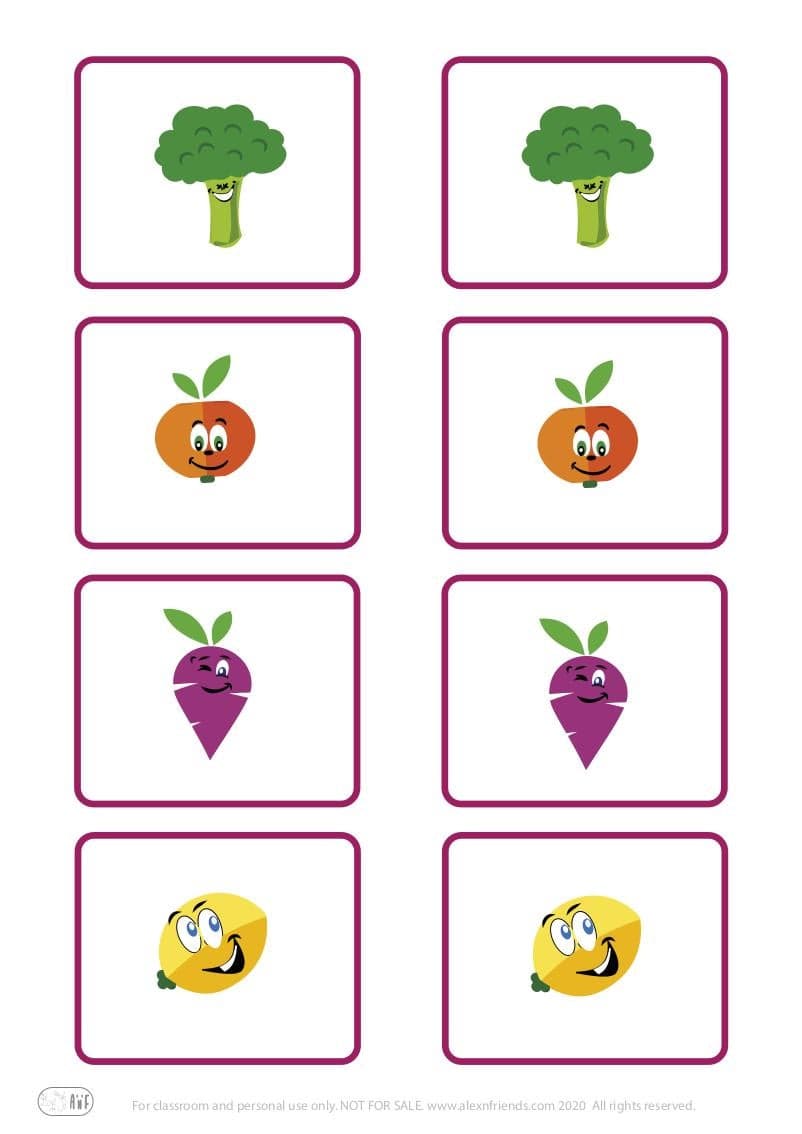 Educational play for toddlers. Memory based matching game of cards with vegetables.
