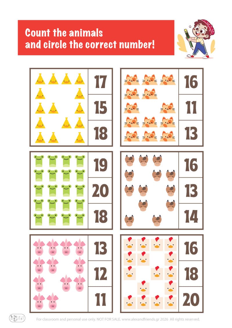 Count the animals. Printable worksheets and activities that help kids practice number recognition and early math skills.