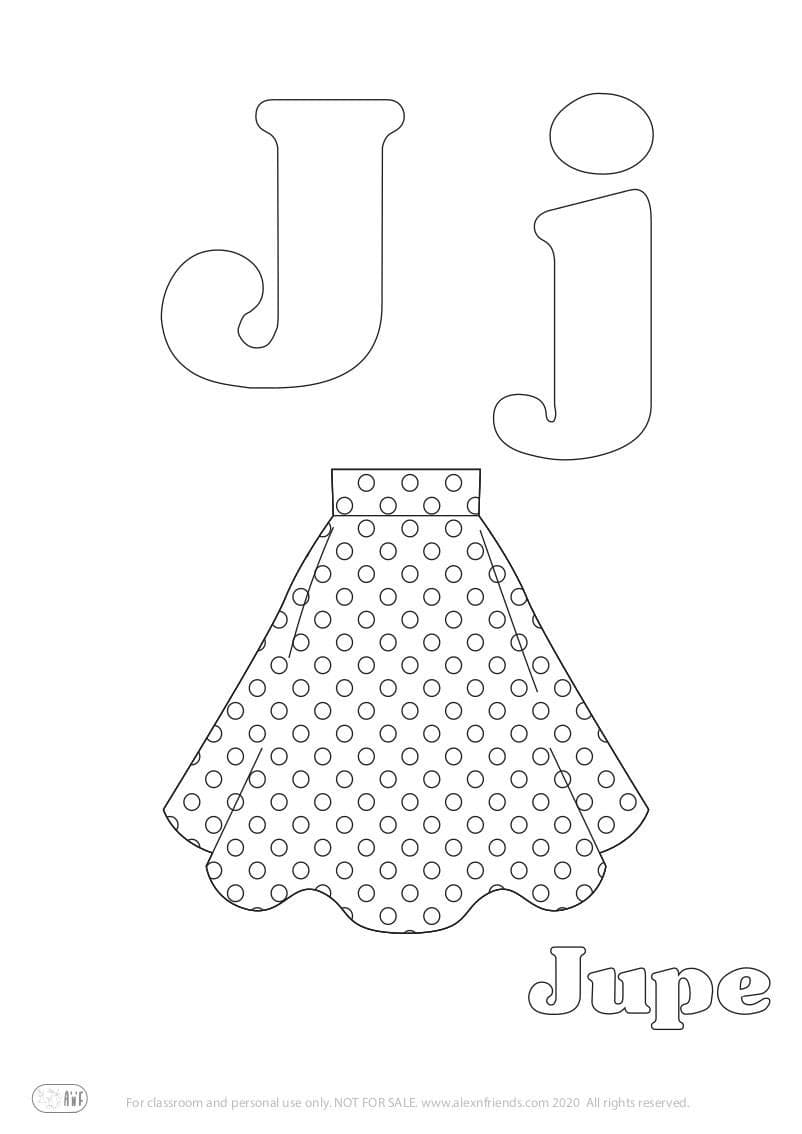 Learning french alphabet for kids. Free printable coloring page with letter J j and a skirt