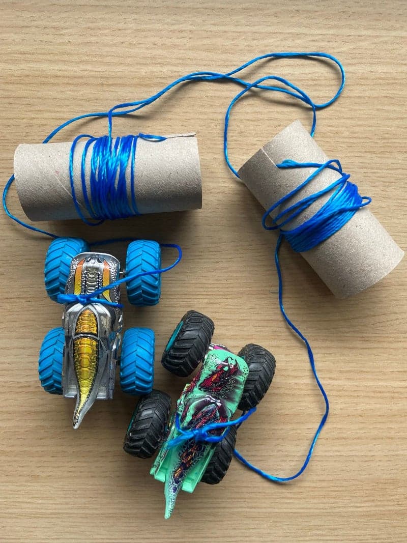 Educational play for toddlers for preschool. Cars. Toilet paper roll. Rope.