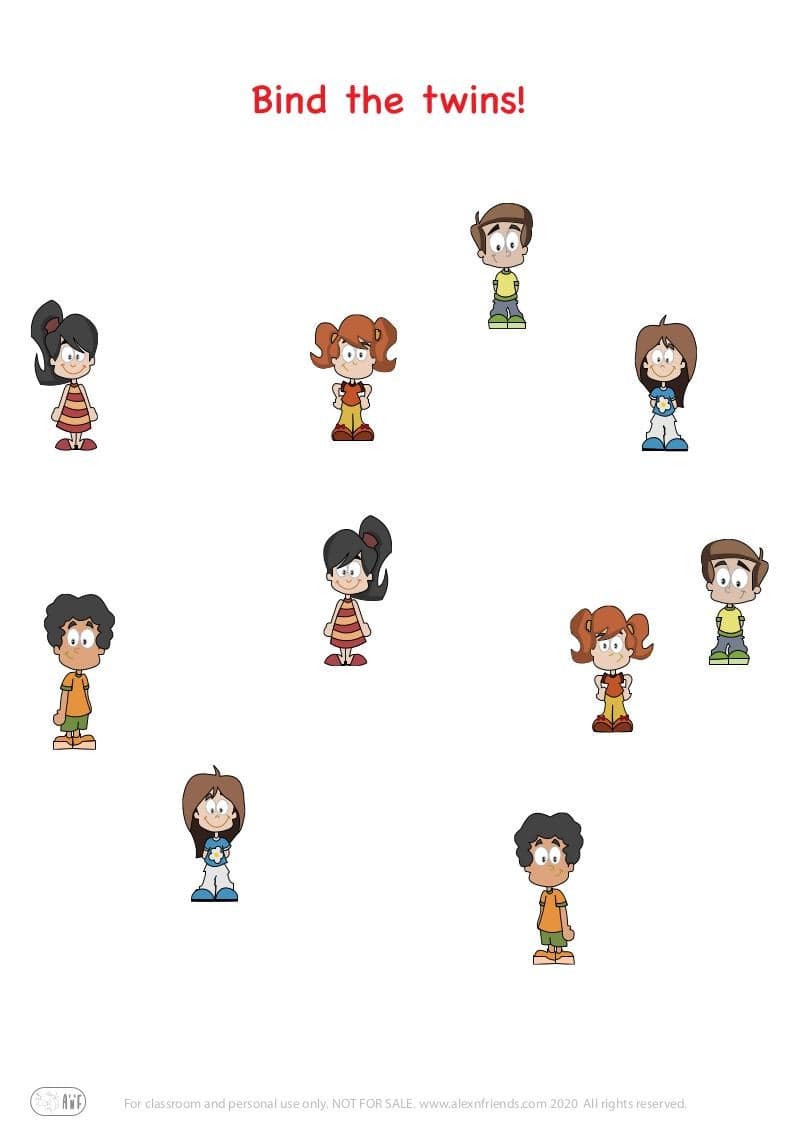 Free printable educational exercise for preschoolers. Bind the twins. Describe a pair to a child.