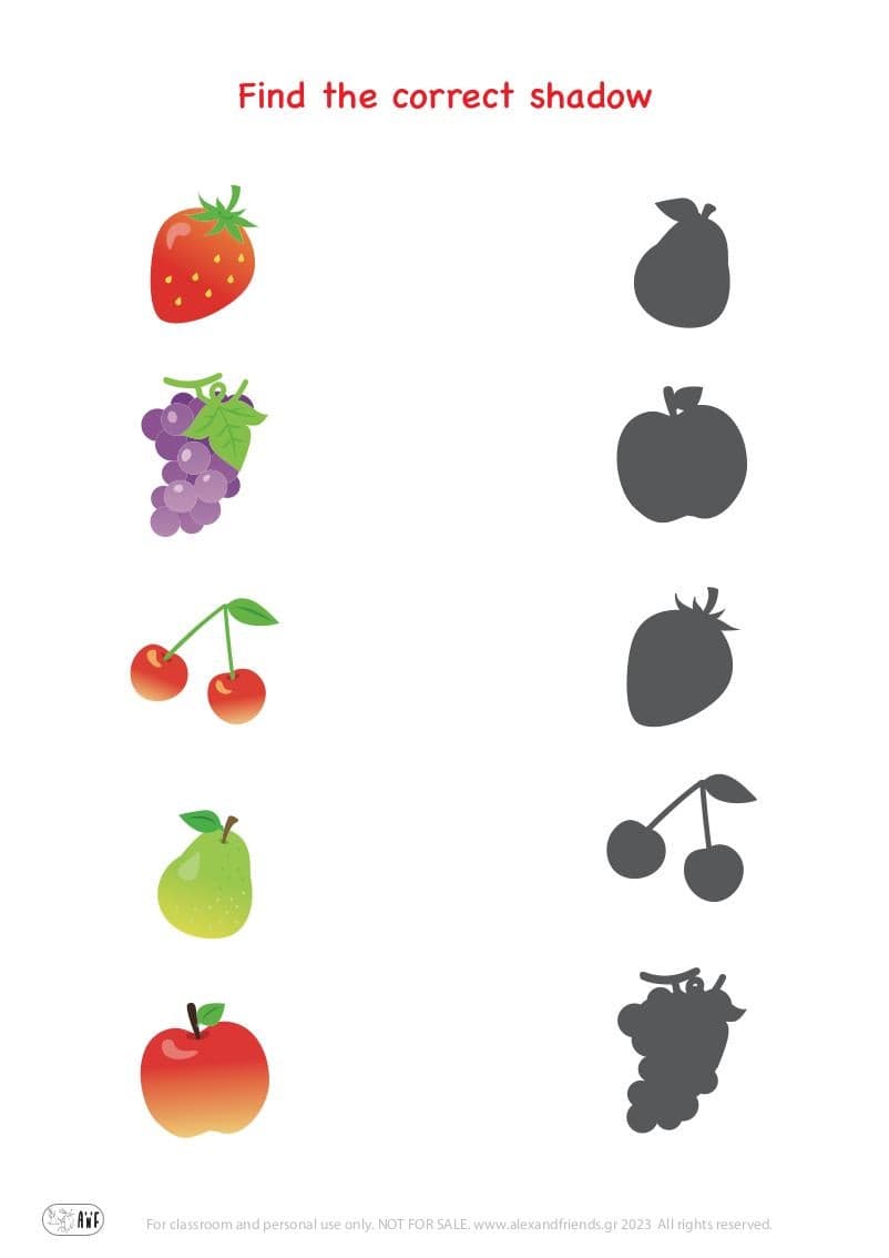 Matching exercise for kids. Educational material. Free printable. Strawberry, apple, pear, cherries, grapes.