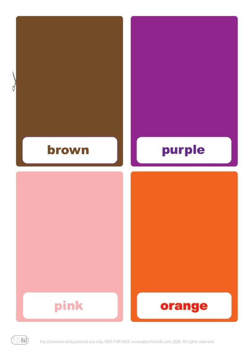 Free printable flash cards for kids. Learning colors in english brown, purple, pink, orange