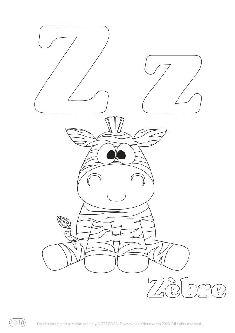 Learning french alphabet for kids. Free printable coloring page with letter Z z and a zebra