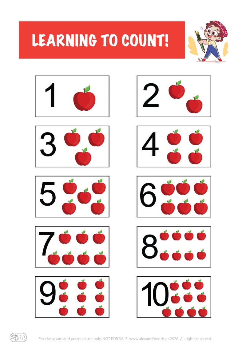 Learning to count. Printable worksheets and activities that help kids practice number recognition and early math skills.