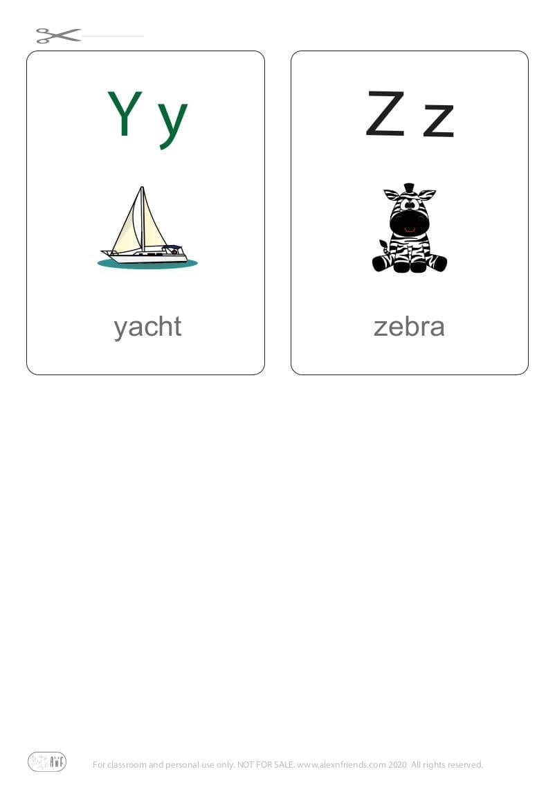 Learning english alphabet for kids. Free printable flash card with letters Y y, Z z and yacht, zebra