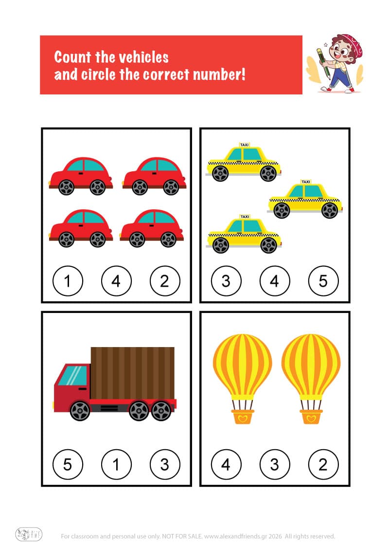 Count the vehicles. Printable worksheets and activities that help kids practice number recognition and early math skills.