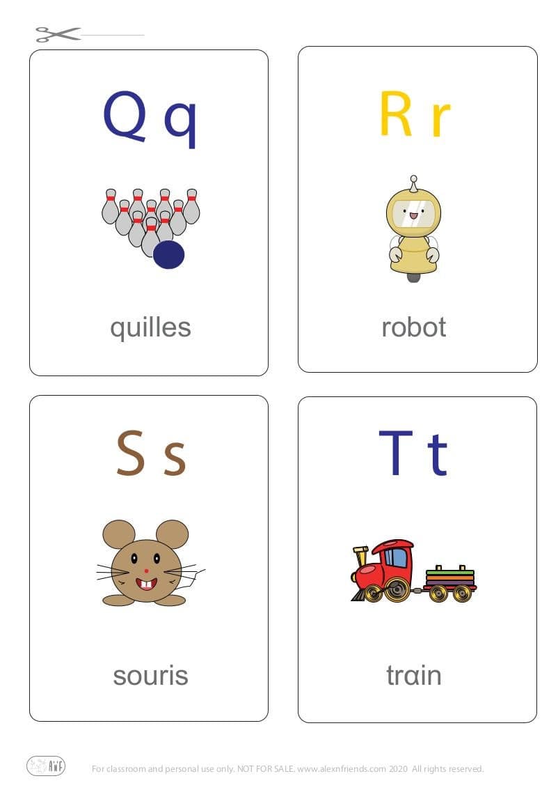 Learning french alphabet for kids. Free printable flash card with letters Q q, R r, S s, T t and bowling pints, robot, mouse, train
