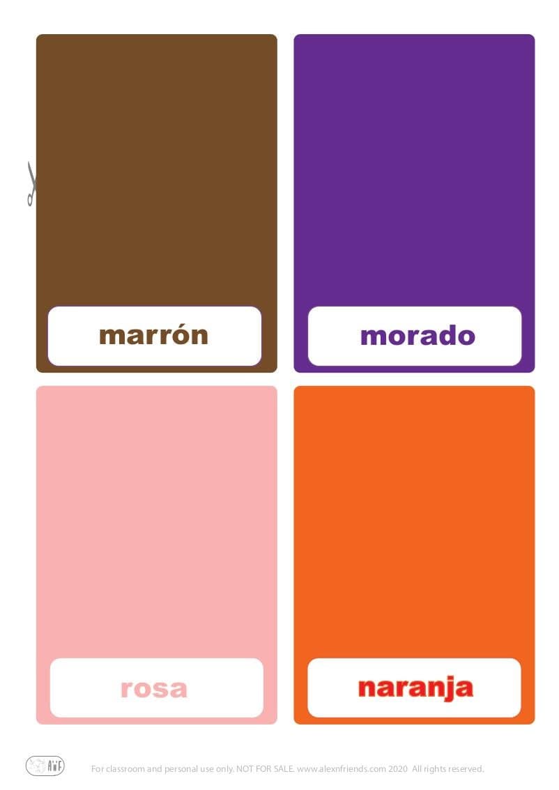 Free printable flash cards for kids. Learning colors in Spanish light brown, purple, pink, orange