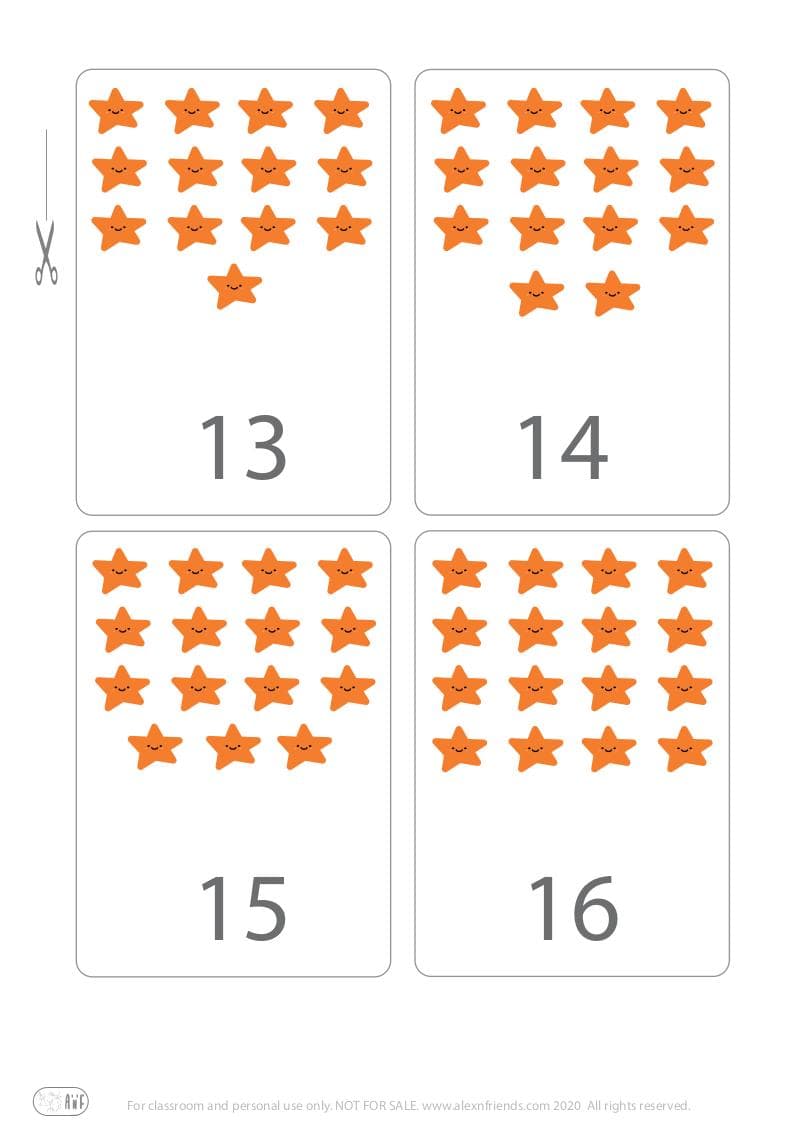 Cute free printable flash cards with stars for kids. Learning numbers 13, 14, 15, 16
