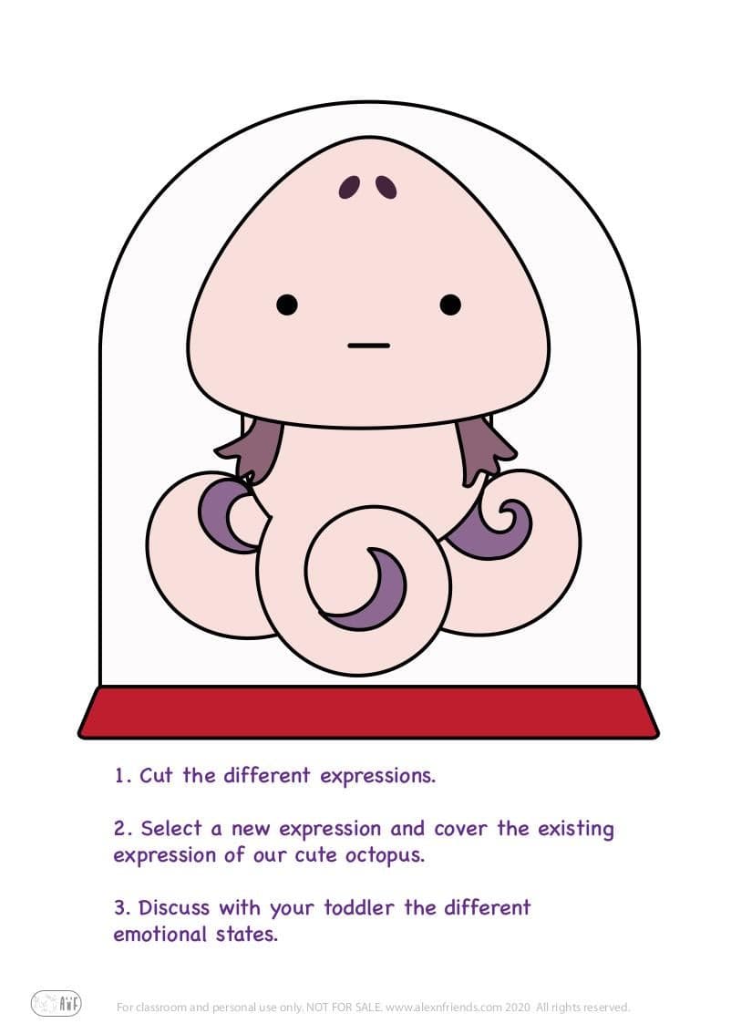 Educational play for toddlers. Identify emotions. Little octopus and instructions to help you discuss with your child about different emotional states.