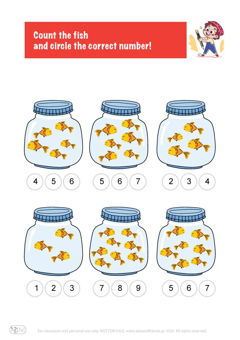 Count the fish. Printable worksheets and activities that help kids practice number recognition and early math skills.