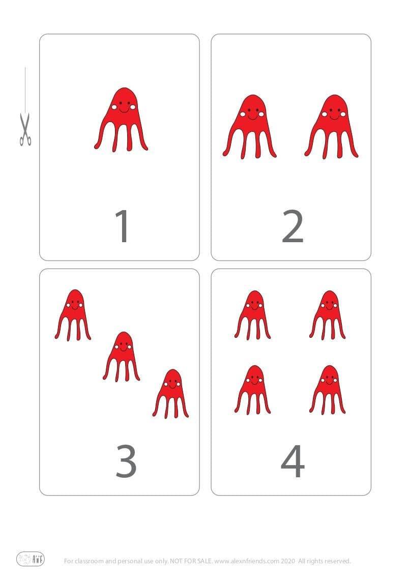 Cute free printable flash cards with octopuses for kids. Learning numbers 1, 2, 3, 4