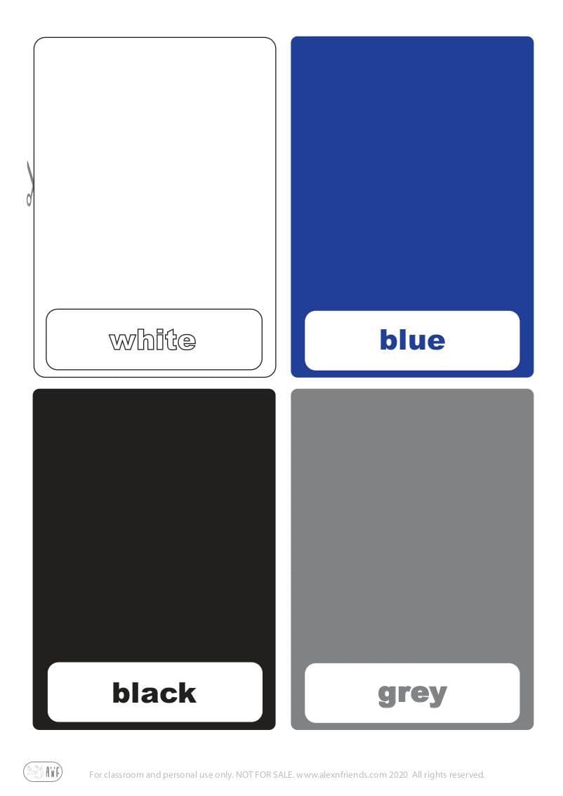 Free printable flash cards for kids. Learning colors in english white, blue, black, grey