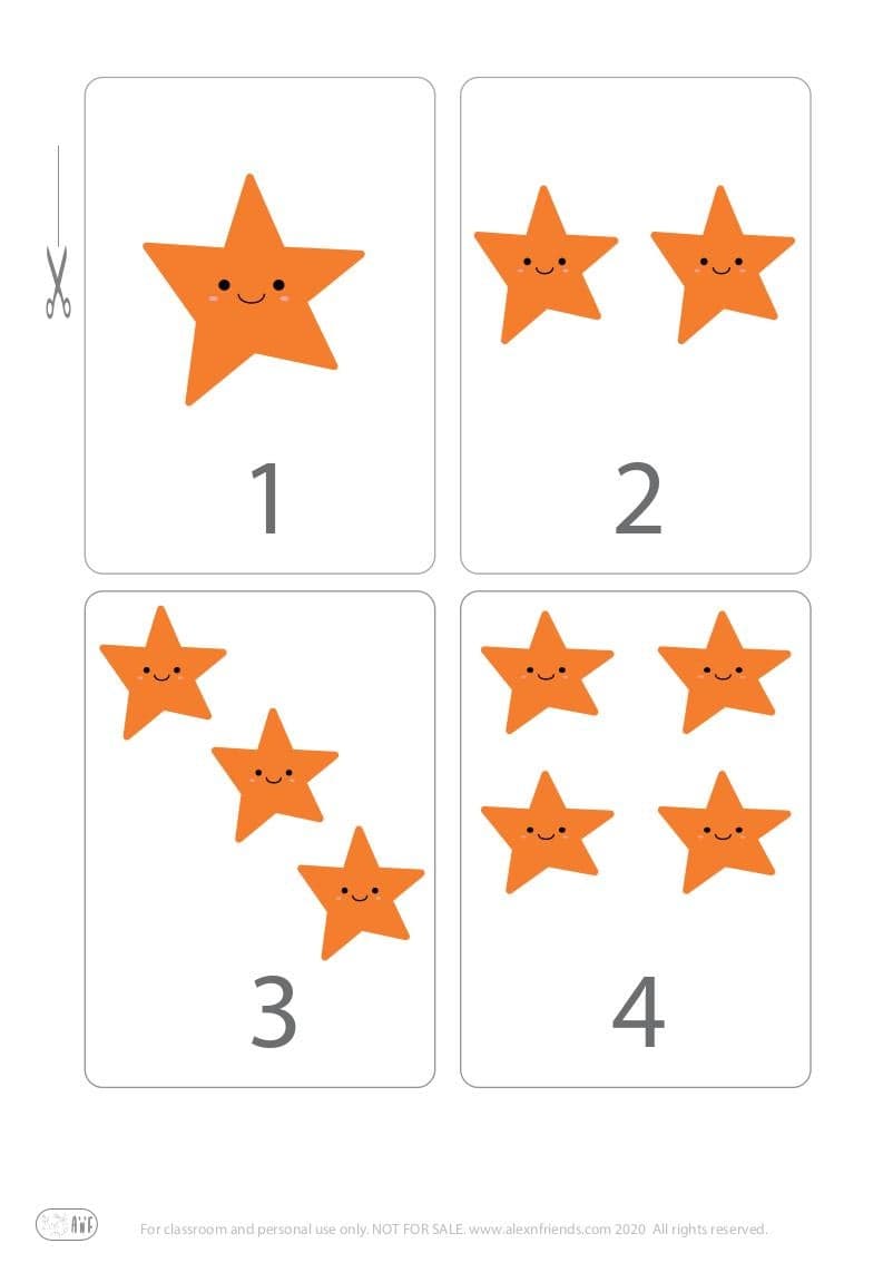 Cute free printable flash cards with stars for kids. Learning numbers 1, 2, 3, 4