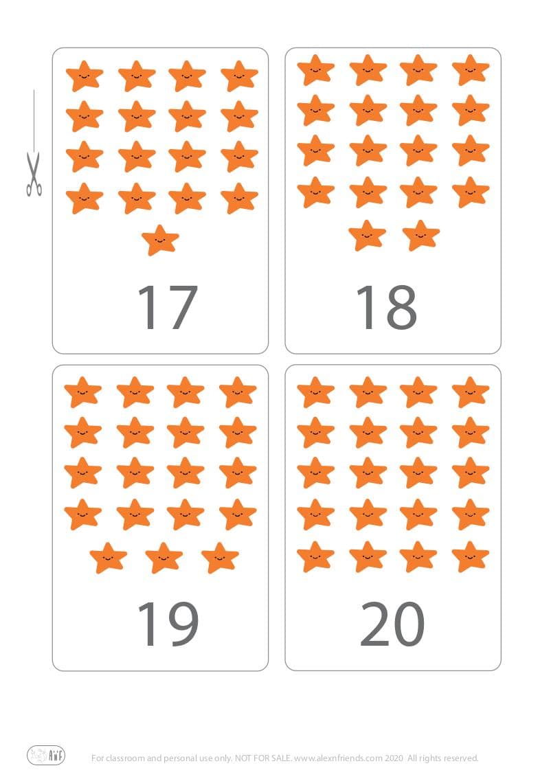 Cute free printable flash cards with stars for kids. Learning numbers 17, 18, 19, 20