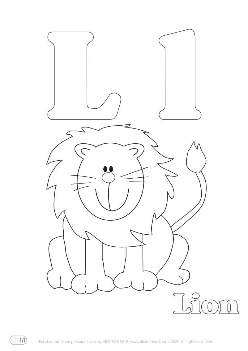 Learning french alphabet for kids. Free printable coloring page with letter L l and a lion