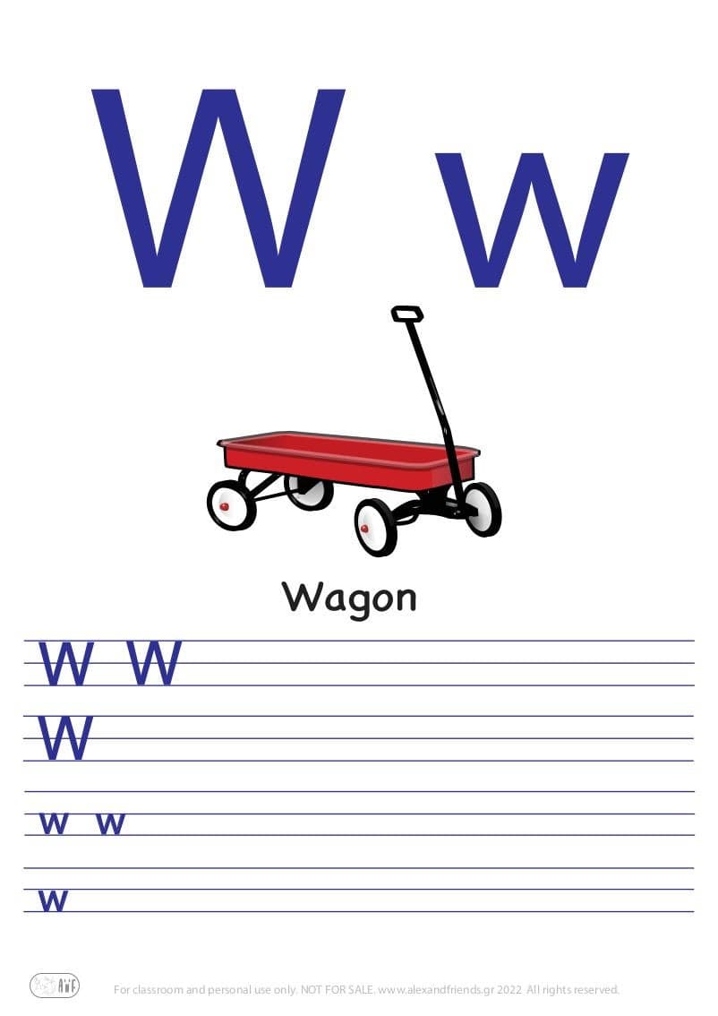 French alphabet. Free printable writing exercise for the letter W w and a wagon.