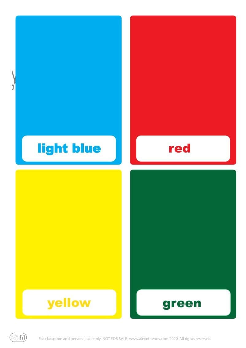 Free printable flash cards for kids. Learning colors in english light blue, red, yellow, green