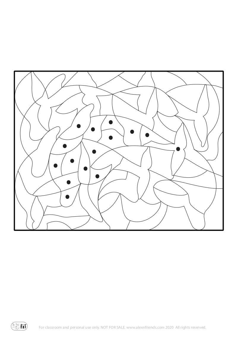 Easy free printable coloring puzzles for preschoolers. Dolphin.