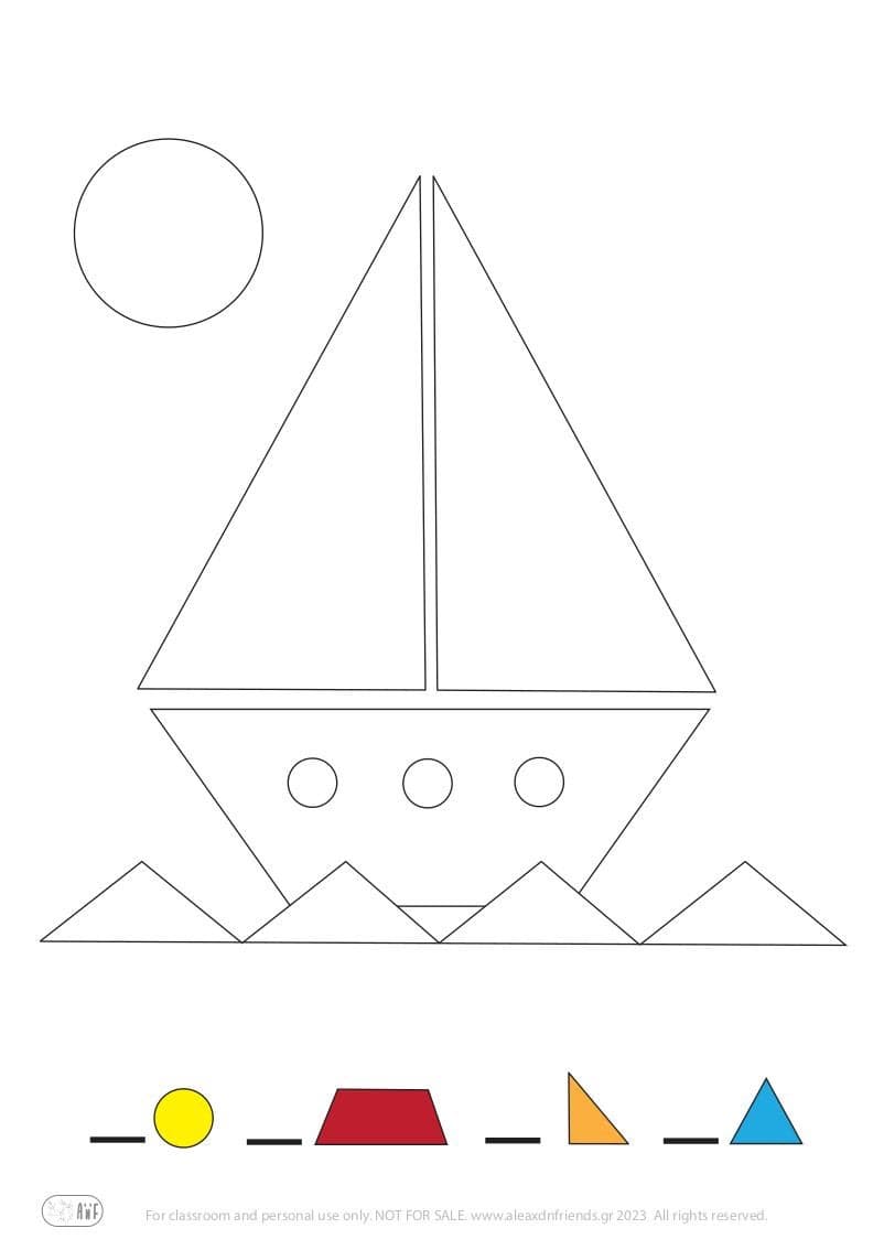 Learning shapes for toddlers. Learning colors for kids. Worksheets. Free printables. Boat.