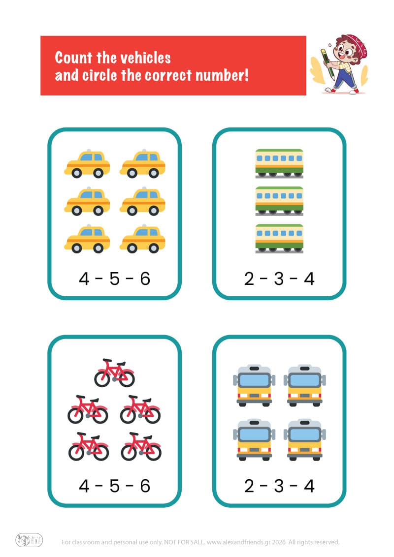 Count the vehicles. Printable worksheets and activities that help kids practice number recognition and early math skills.