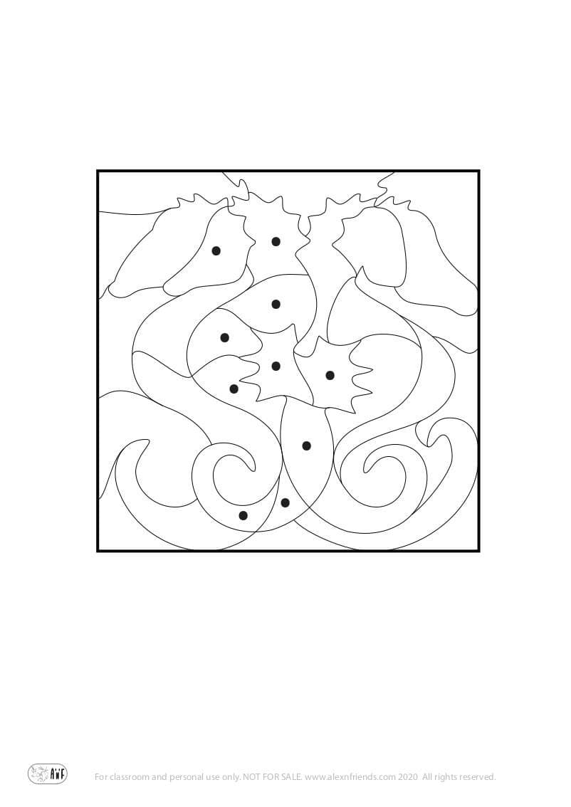 Easy free printable coloring puzzles for preschoolers. Sea horse.
