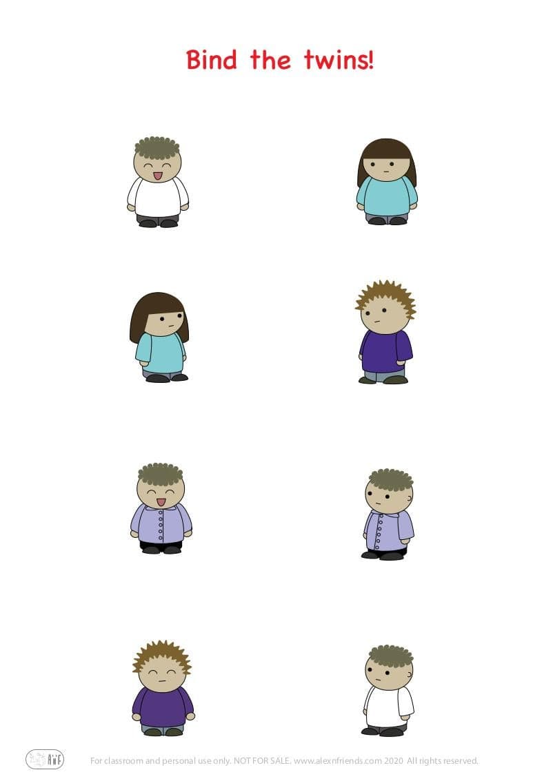 Free printable educational exercise for preschoolers. Bind the twins. Describe a pair to a child.