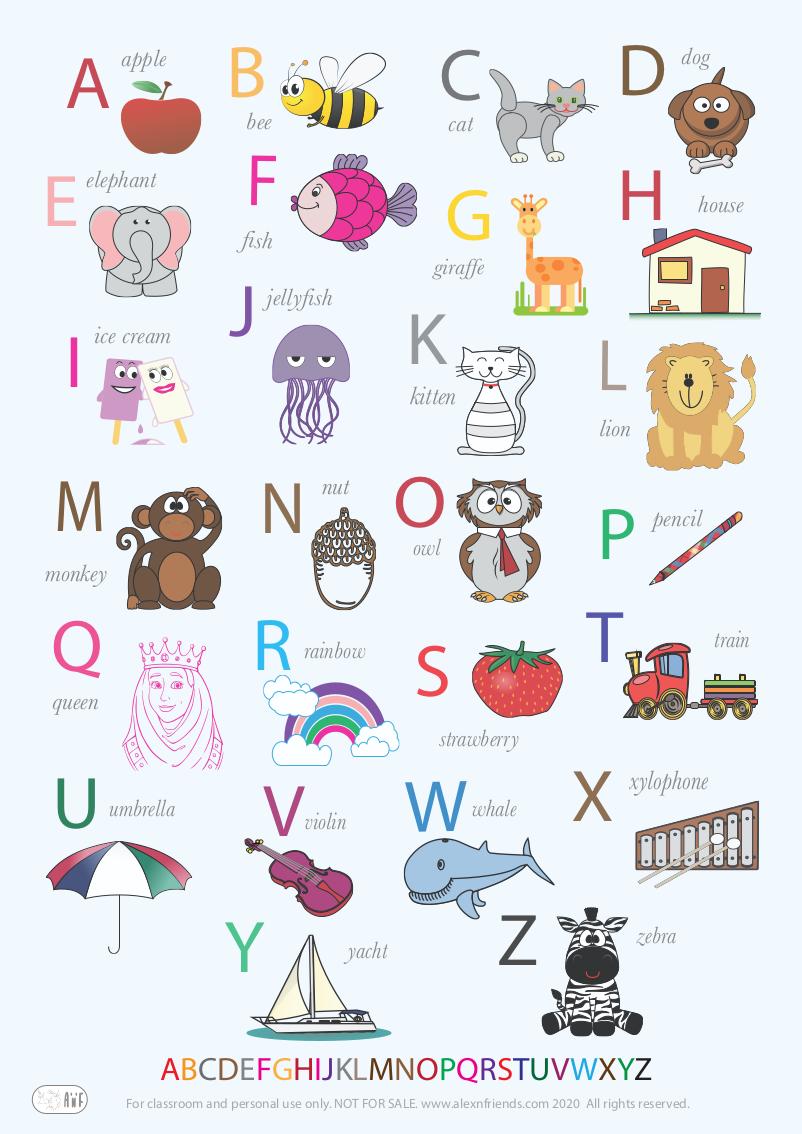 Learning english alphabet. Free printable blue poster for kids.
