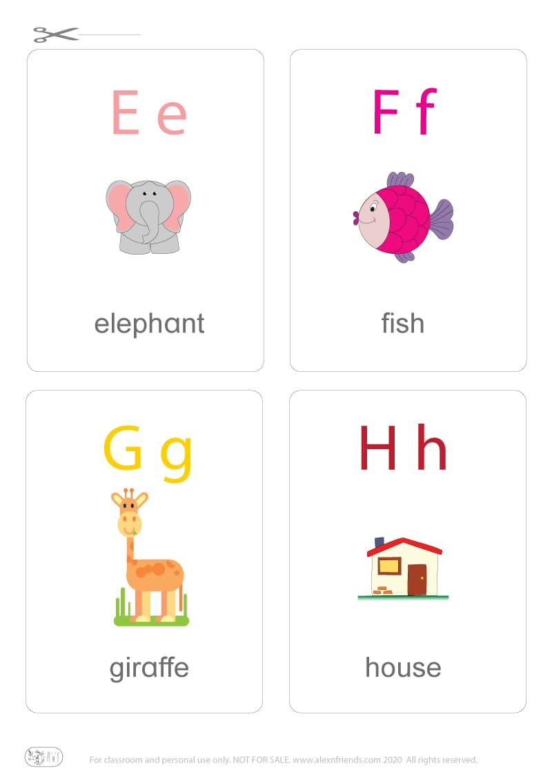 Learning english alphabet for kids. Free printable flash card with letters E e, F f, G g, H h and an elephant, fish, giraffe, house