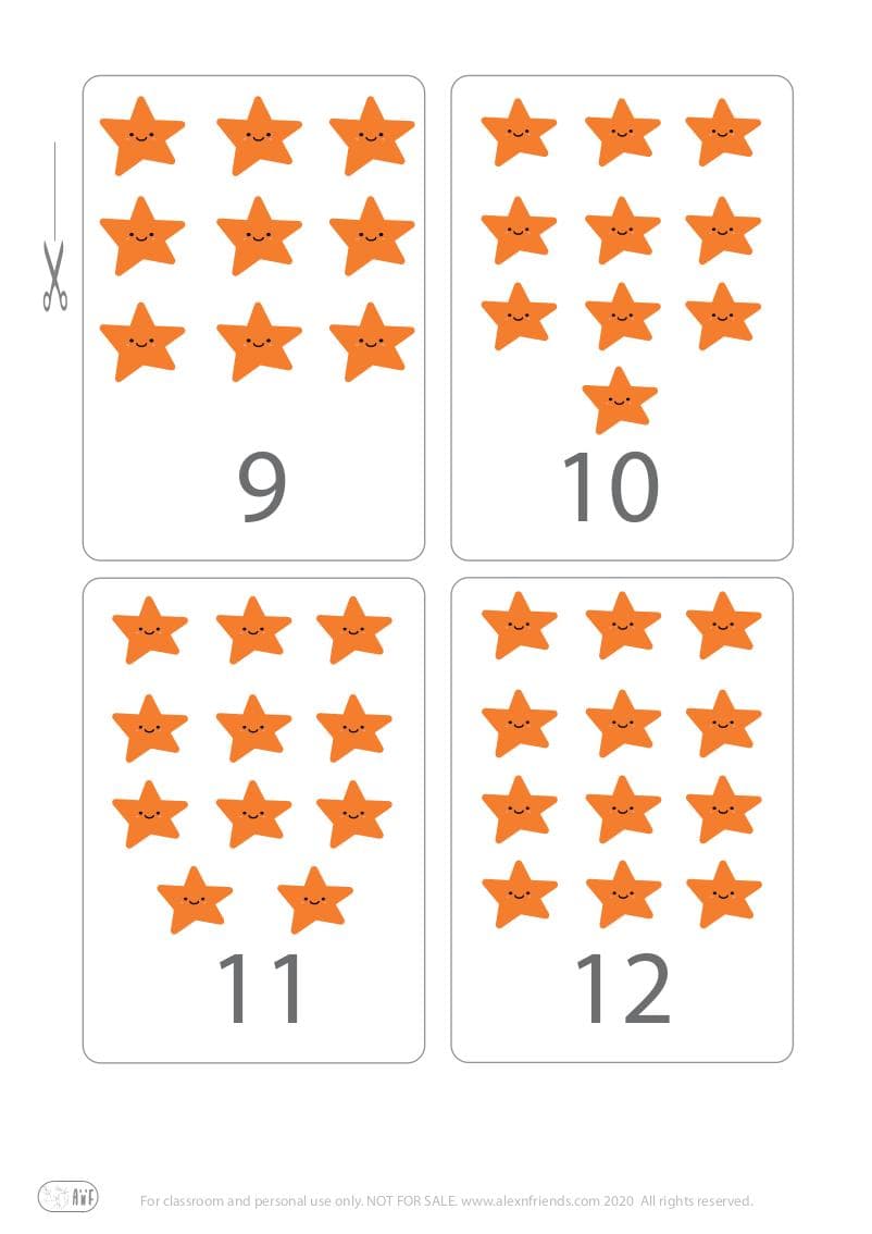Cute free printable flash cards with stars for kids. Learning numbers 9, 10, 11, 12