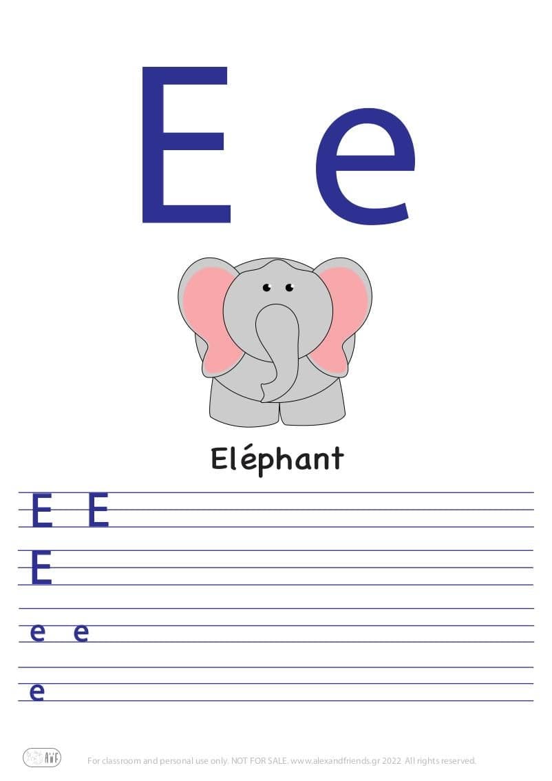 French alphabet. Free printable writing exercise for the letter E e and a elephant.