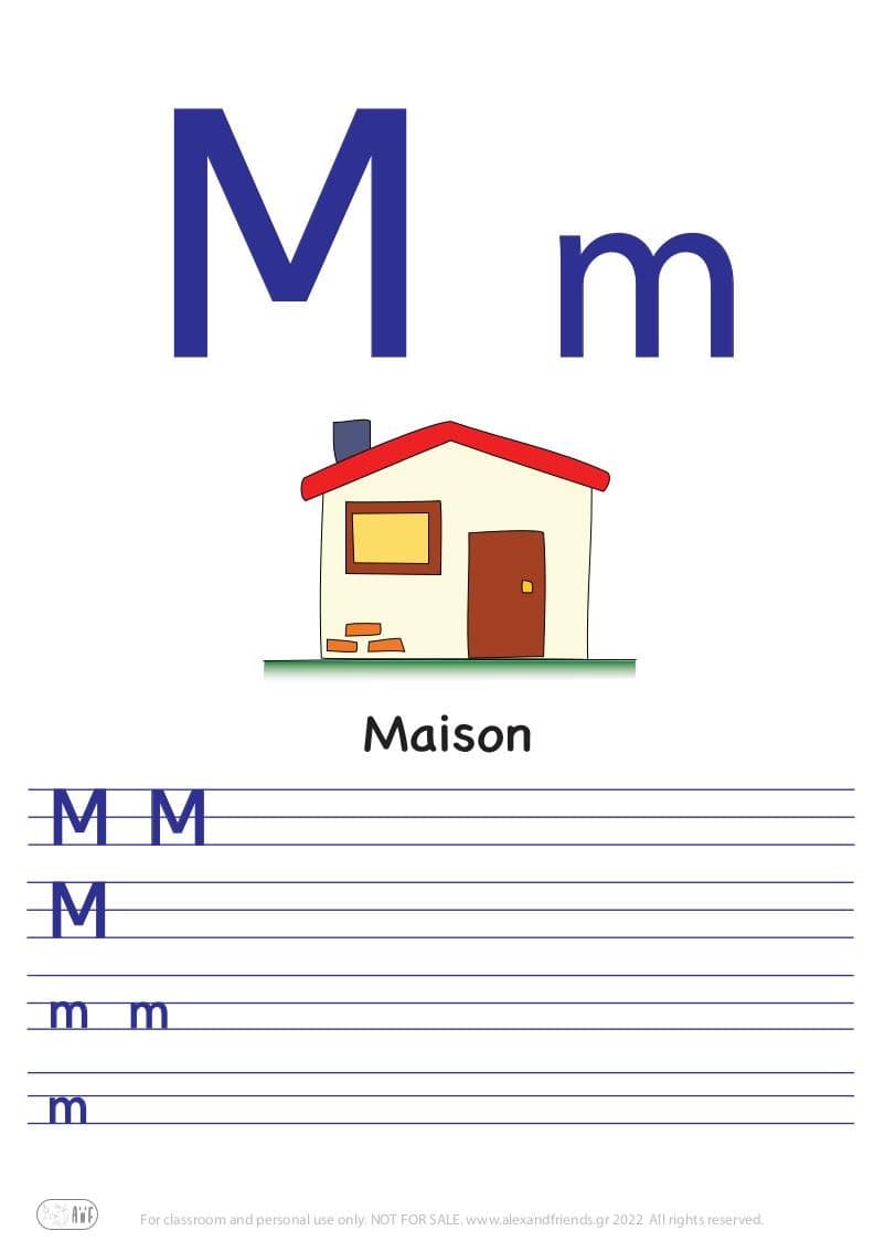 French alphabet. Free printable writing exercise for the letter M m and a house.