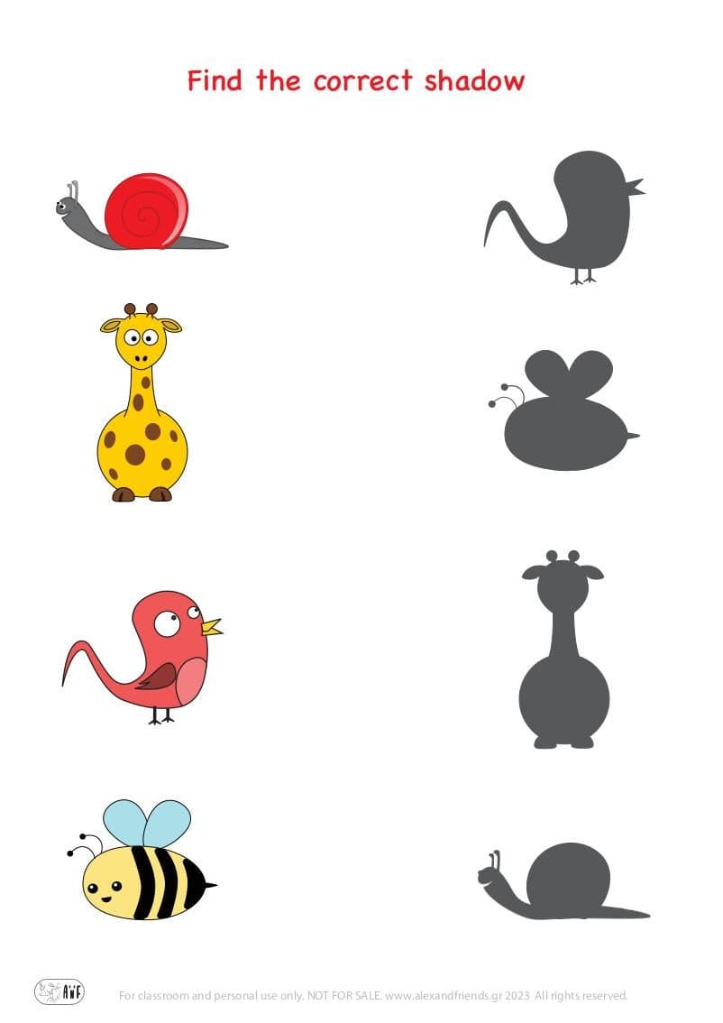 Matching exercise for kids. Educational material. Free printable. Bird, bee, snail, giraffe.