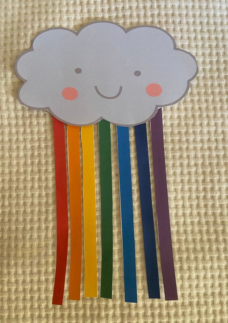 Paper cloud rainbow craft for preschoolers with free printable material.