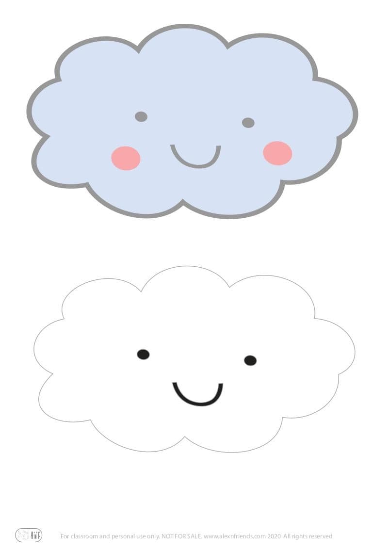 Paper cloud rainbow craft for preschoolers with free printable material. Colorful and black and white cloud.