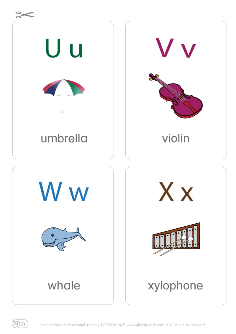 Learning english alphabet for kids. Free printable flash card with letters U u, V v, W w, X x and umbrella, violin, whale, xylophone