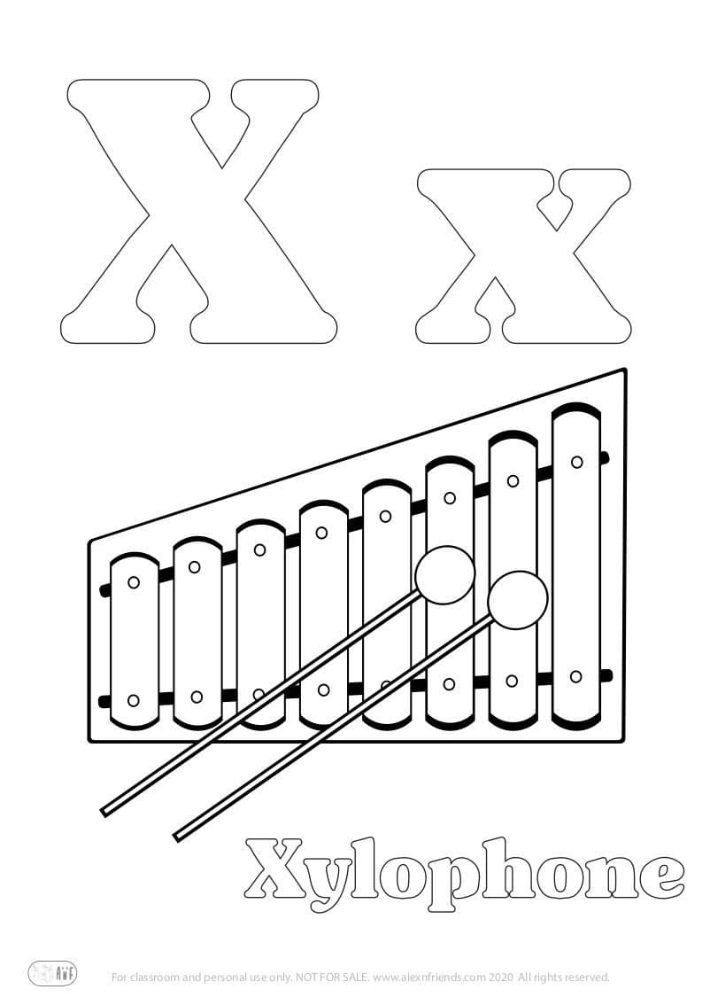Learning french alphabet for kids. Free printable coloring page with letter X x and xylophone