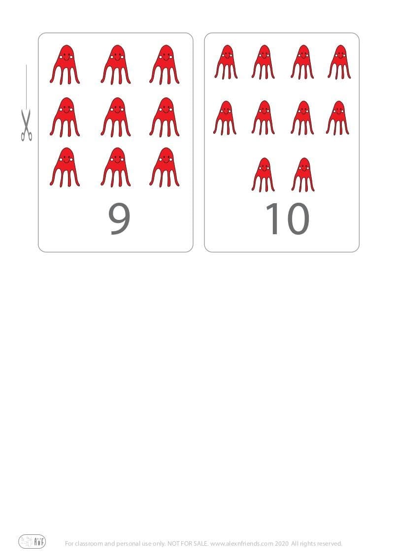 Cute free printable flash cards with stars for kids. Learning numbers 9, 10