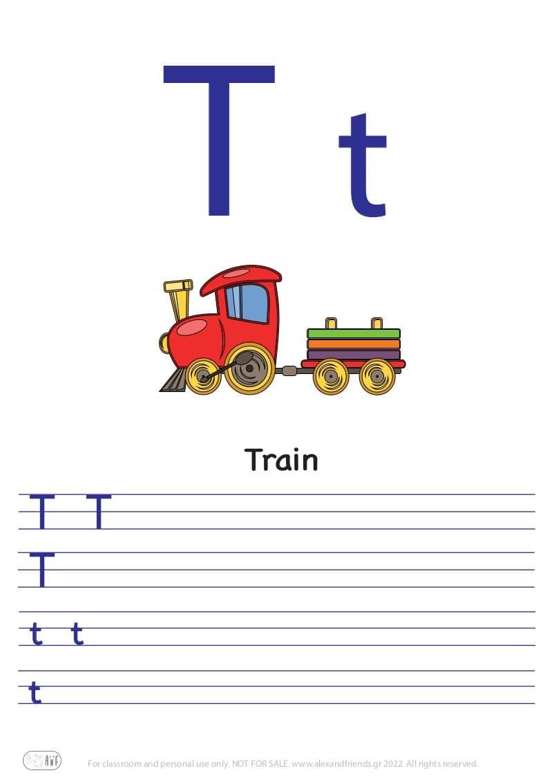 French alphabet. Free printable writing exercise for the letter T t and a train.