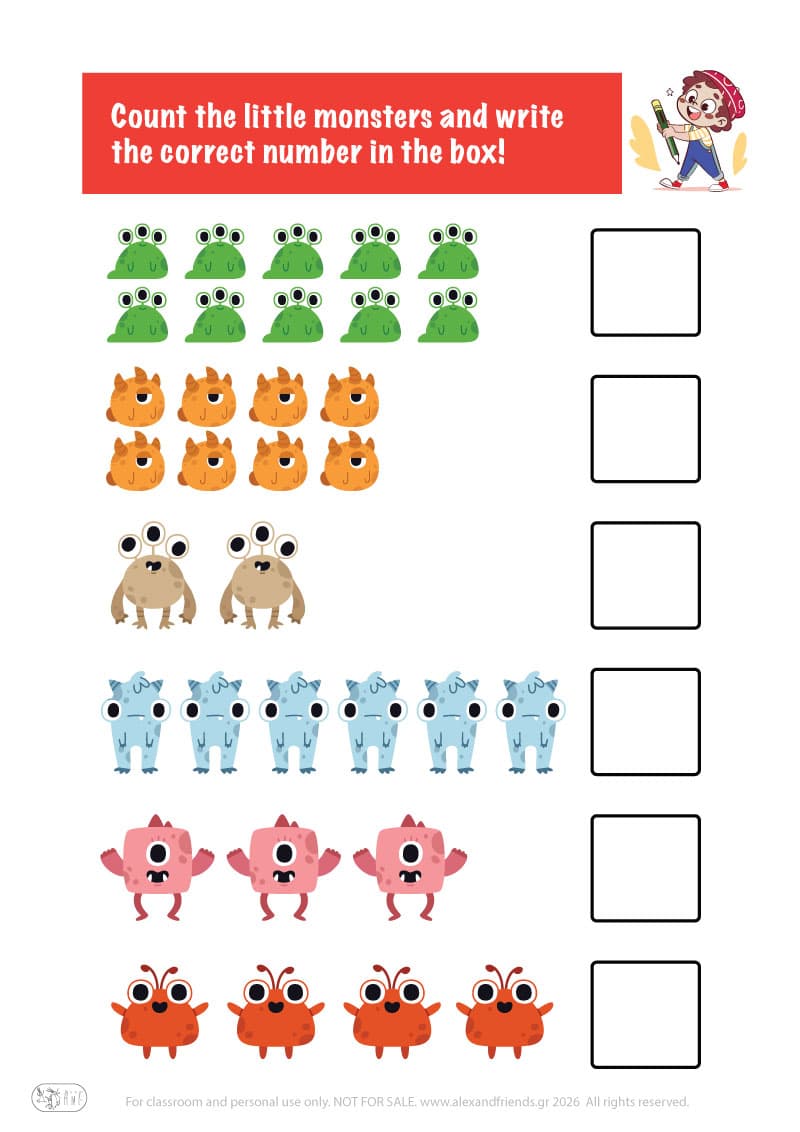 Count the little monsters. Printable worksheets and activities that help kids practice number recognition and early math skills.