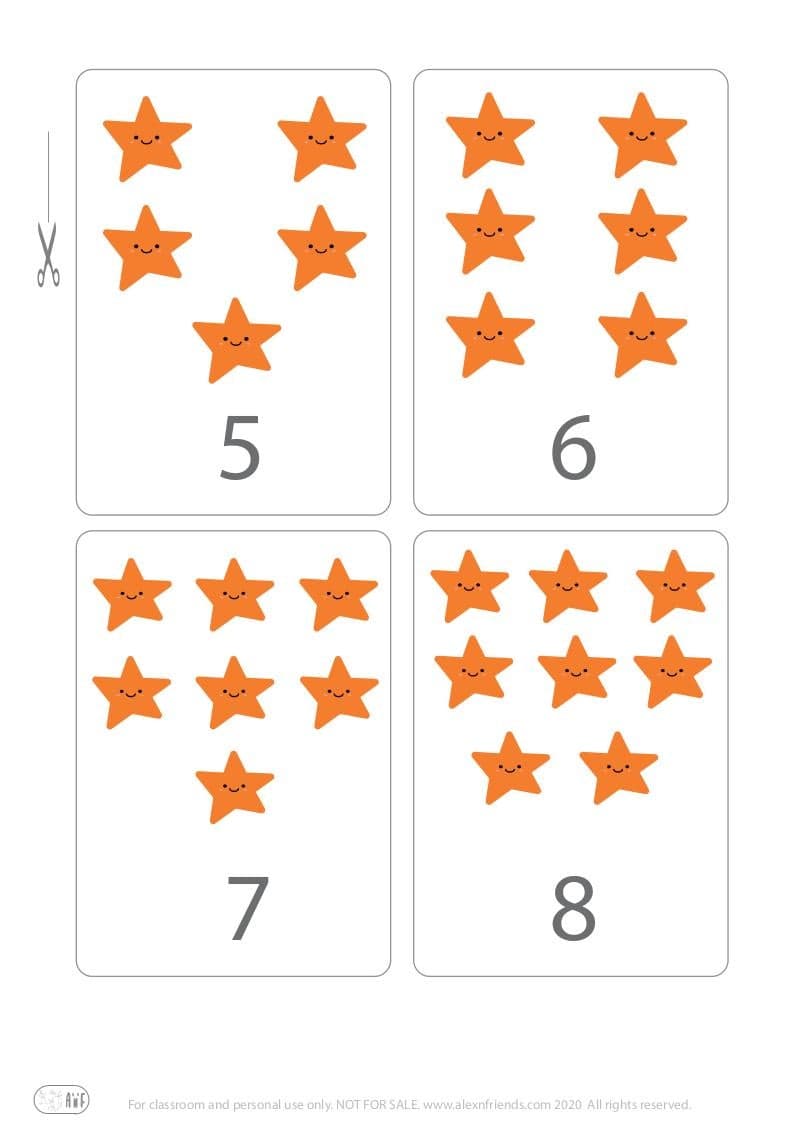 Cute free printable flash cards with stars for kids. Learning numbers 5, 6, 7, 8